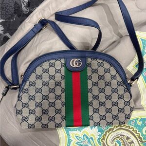 Gucci Beige and Blue Crossbody Bag with Red and Green Stripe
